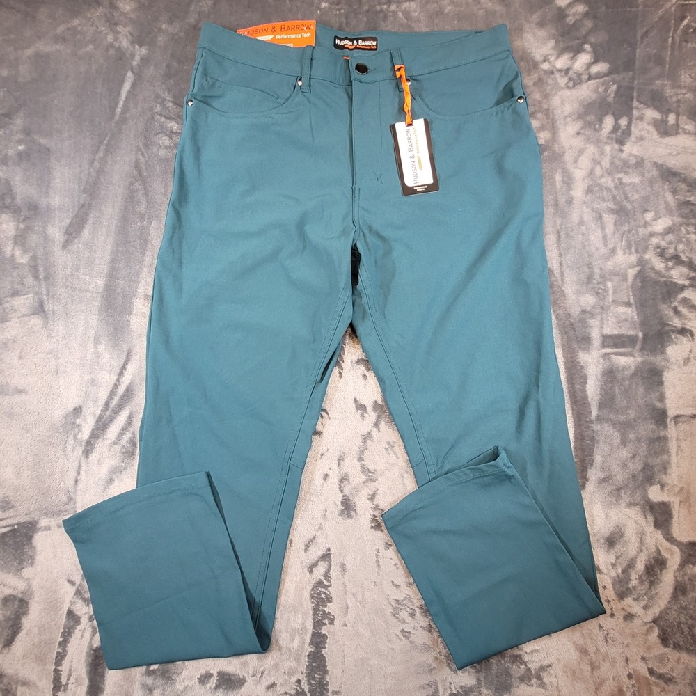 Hudson & Barrow Mens Performance Tech Pants 34x32 Biscayne Bay Teal Stretch NEW